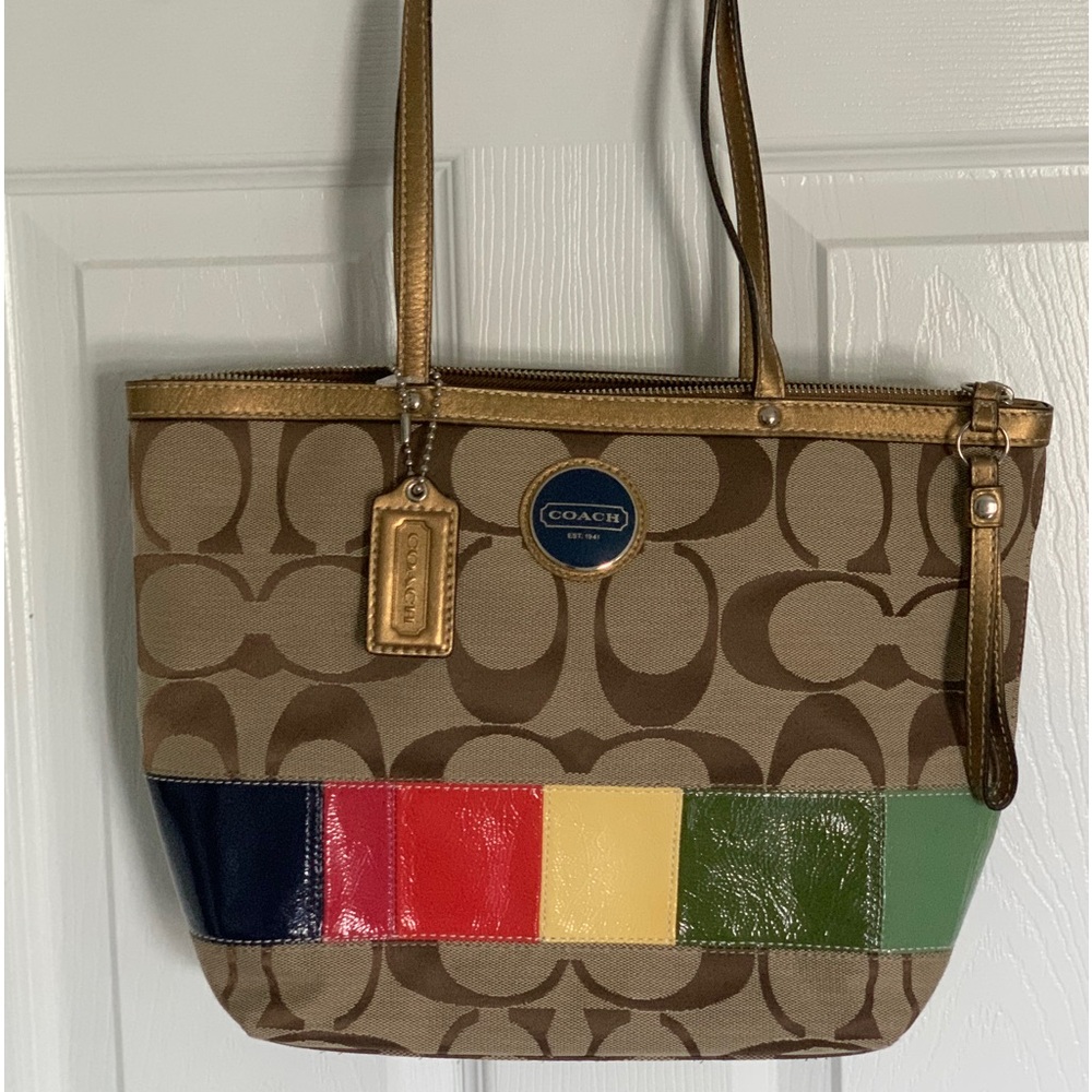 Coach F15588 SV Multicolor Tote Khaki/Mahogany Brown Shoulder Bag